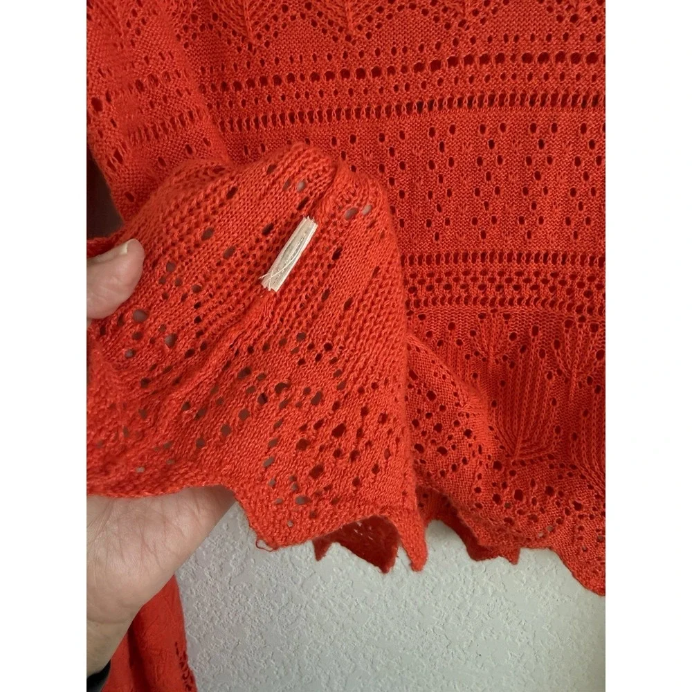 Free People Women's Flare Bell Sleeve Knit Crochet Eyelet Orange Red Size S Boho
